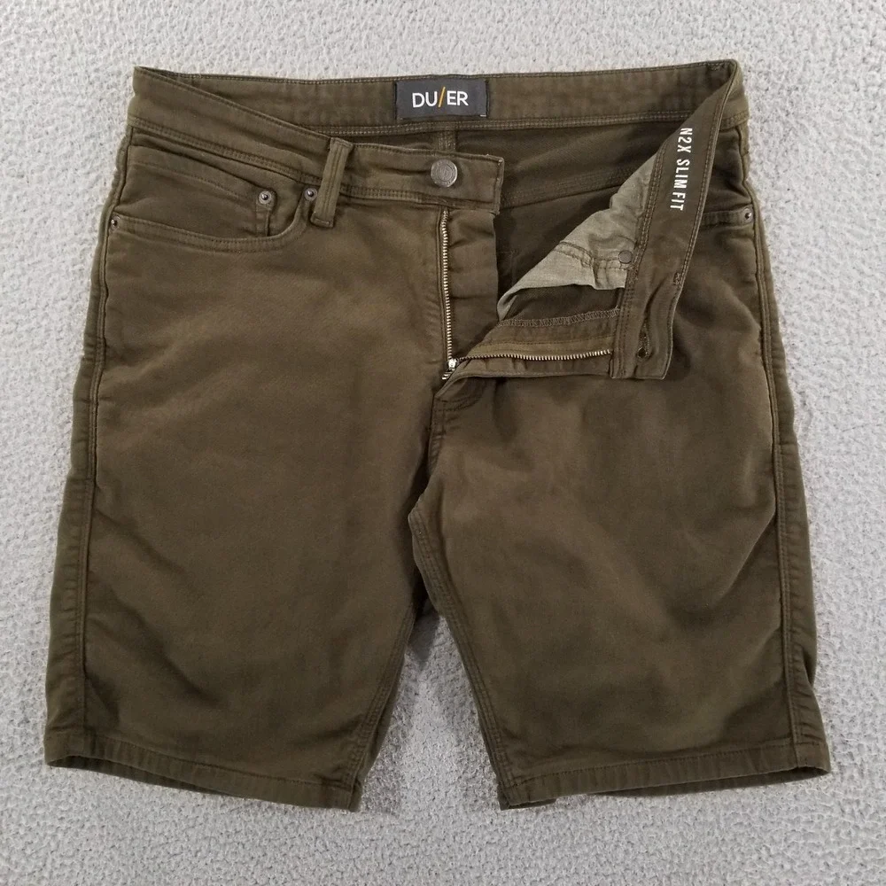 DU/ER Shorts Mens 34 Green Hiking Outdoor N2X Slim Fit Stretch 5 Pocket Zip Fly